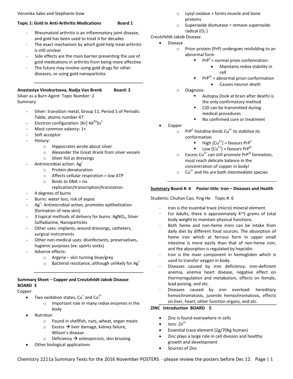 Chemistry 2211A Summary Texts for the 2016 November POSTERS ‐ Please Review the Posters Before Dec 12