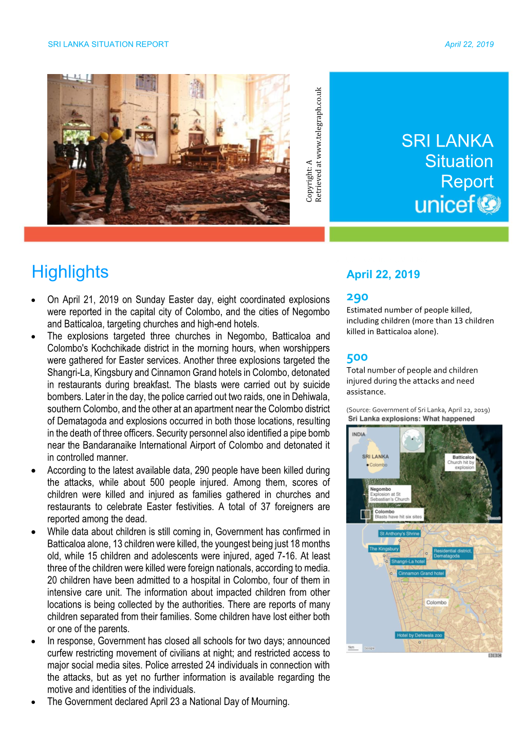 SRI LANKA Situation Report Highlights