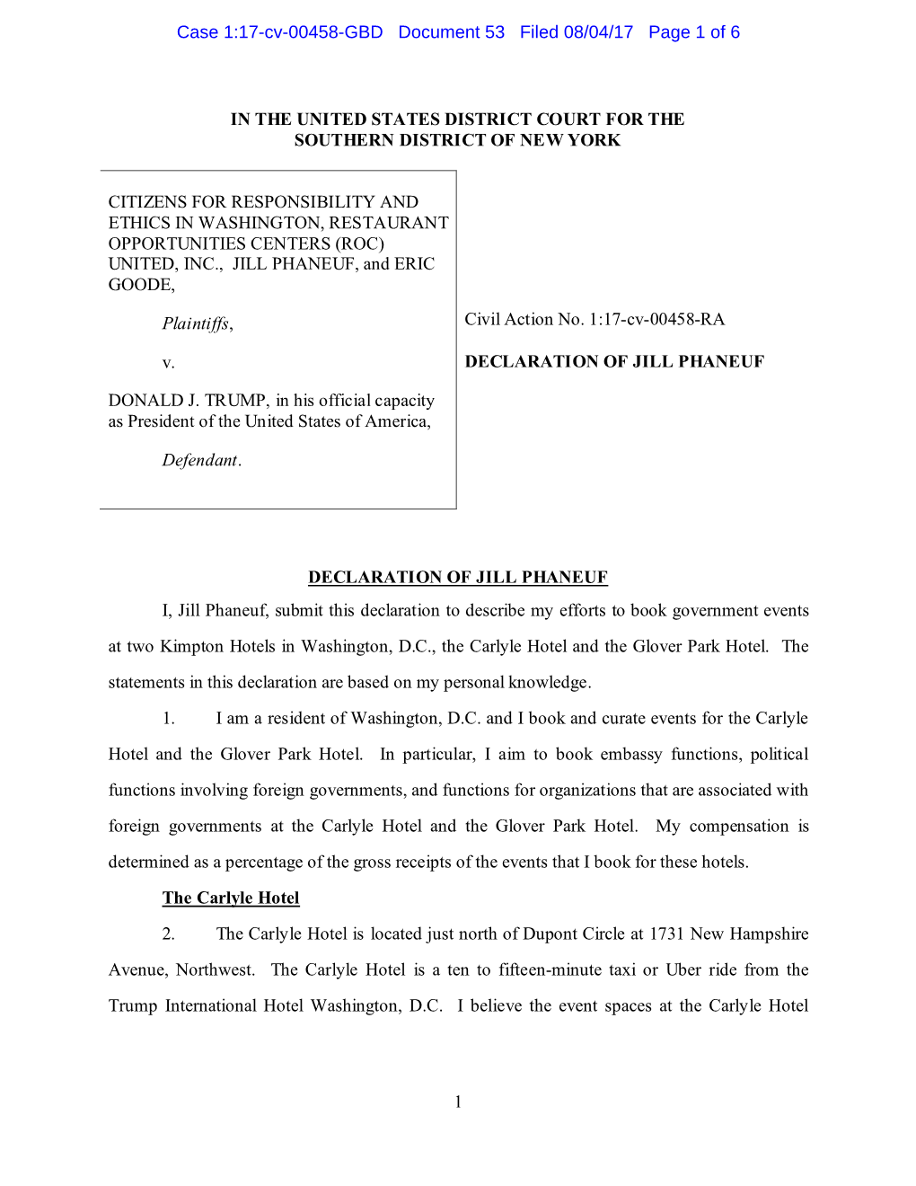 1 in the United States District Court for the Southern District of New York Citizens for Responsibility and Ethics in Washington