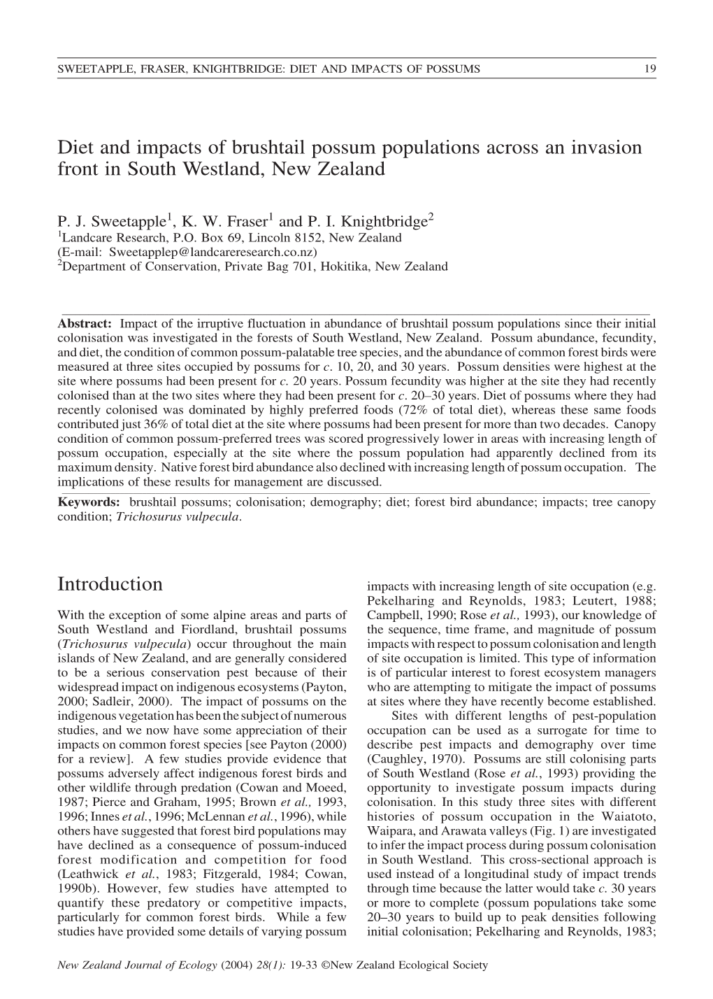 Diet and Impacts of Brushtail Possum Populations Across an Invasion Front in South Westland, New Zealand