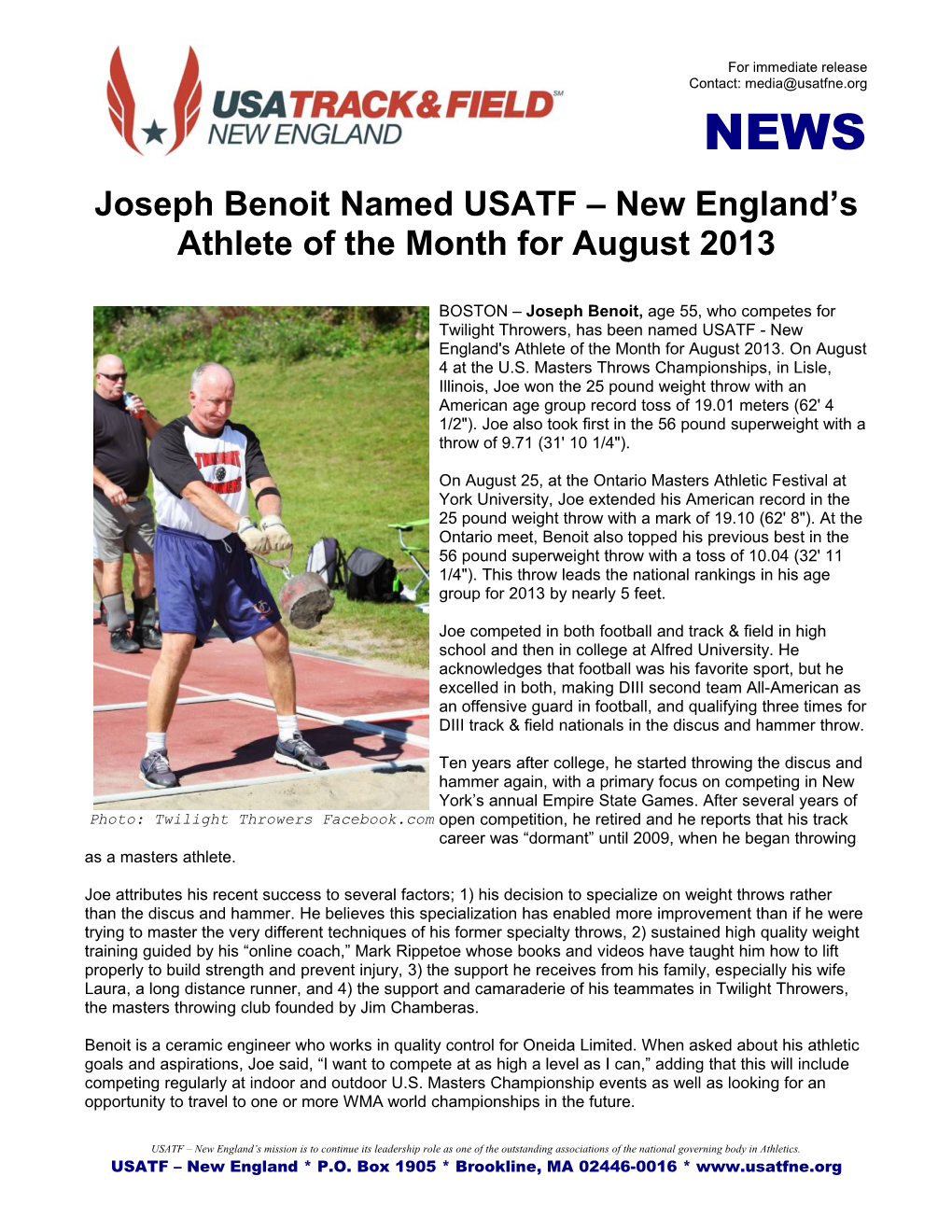 Joseph Benoit Named USATF – New England’S Athlete of the Month for August 2013