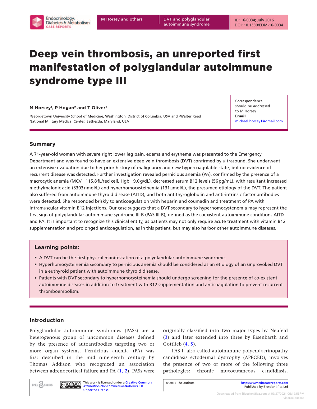 Deep Vein Thrombosis, an Unreported First Manifestation of Polyglandular Autoimmune Syndrome Type III