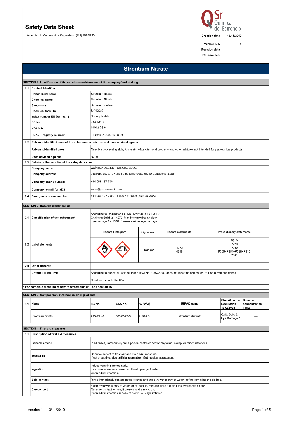 Strontium Nitrate Safety Data Sheet