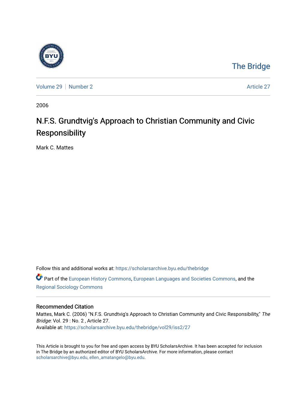 N.F.S. Grundtvig's Approach to Christian Community and Civic Responsibility