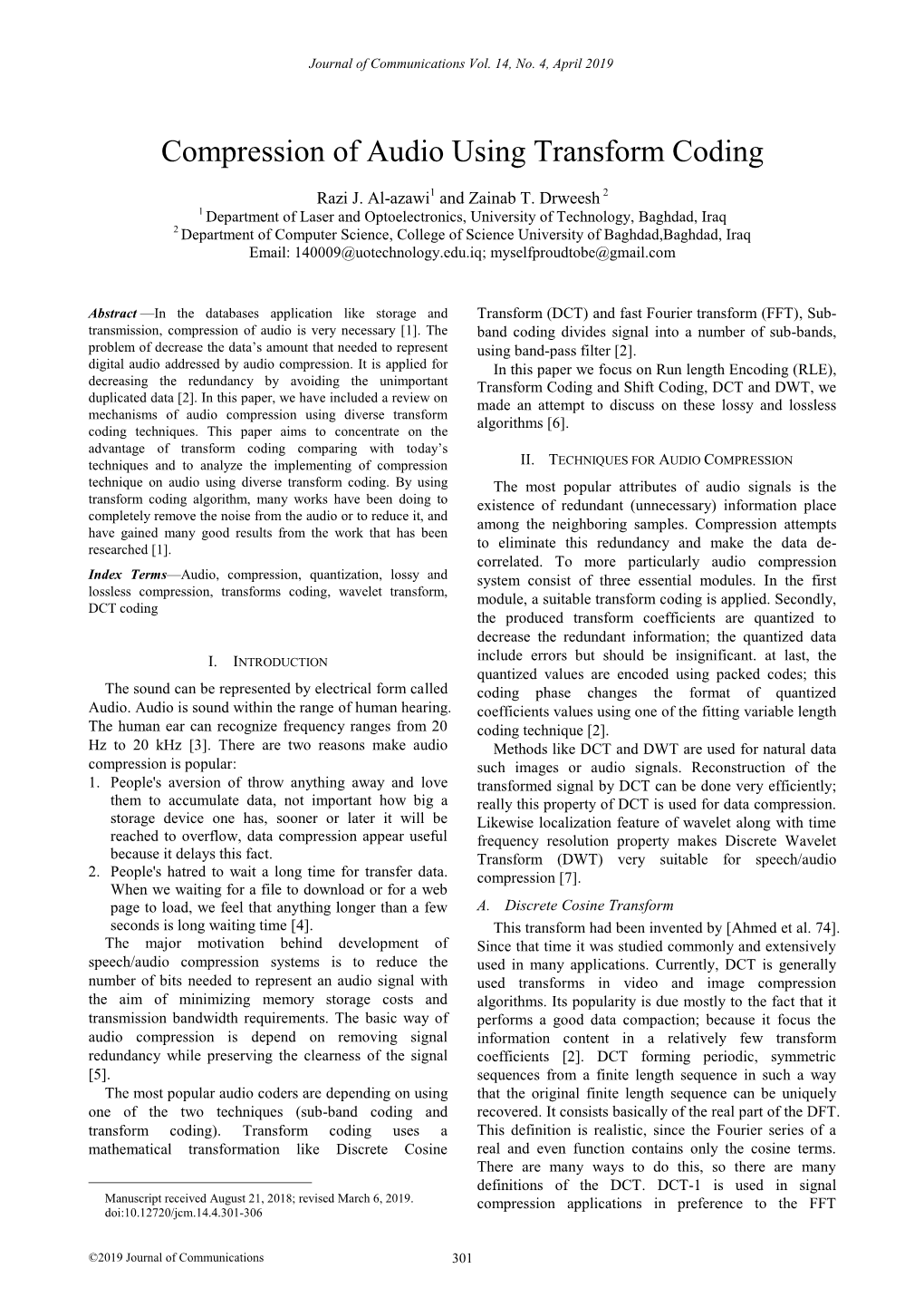 Compression of Audio Using Transform Coding