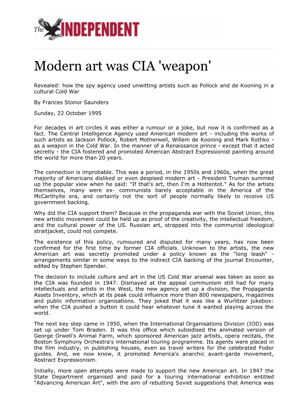 Modern Art Was CIA 'Weapon'