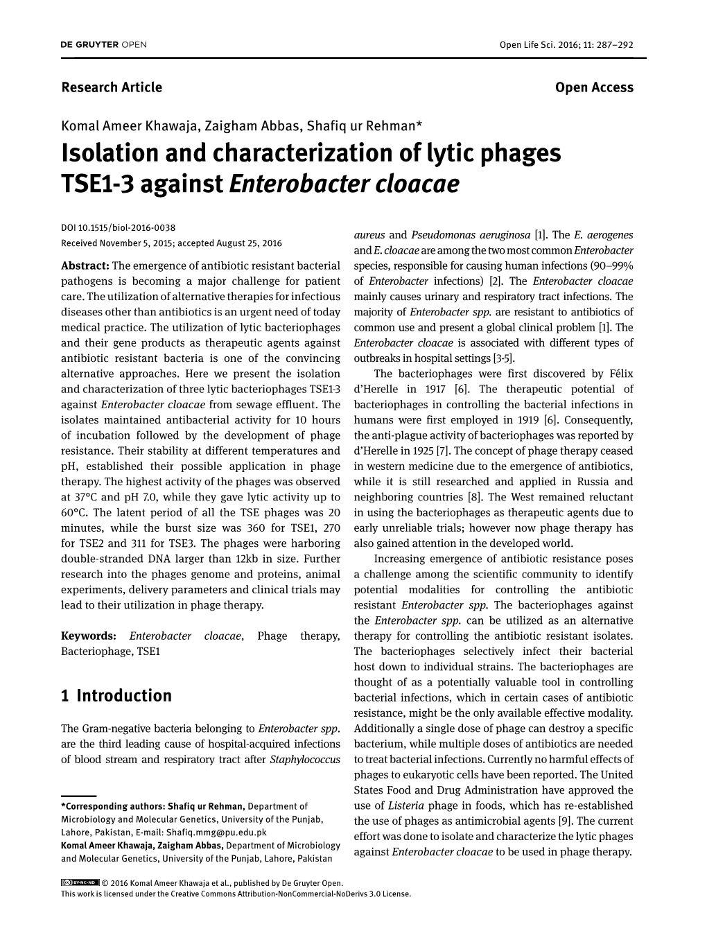 Isolation and Characterization of Lytic Phages TSE1-3 Against Enterobacter Cloacae