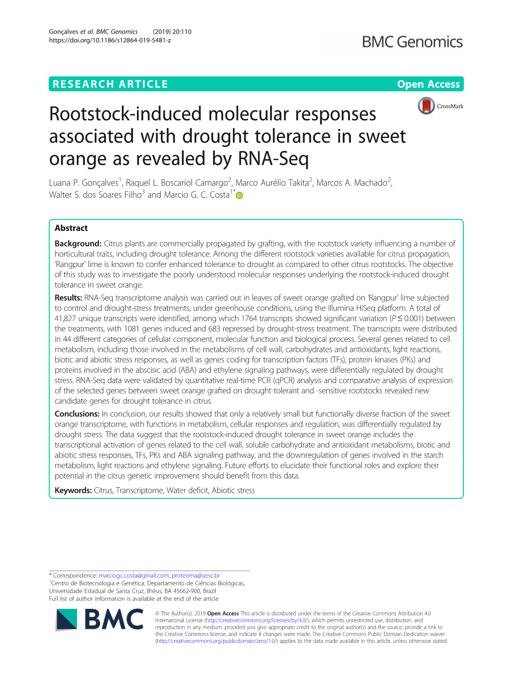 Rootstock-Induced Molecular Responses Associated with Drought Tolerance in Sweet Orange As Revealed by RNA-Seq Luana P