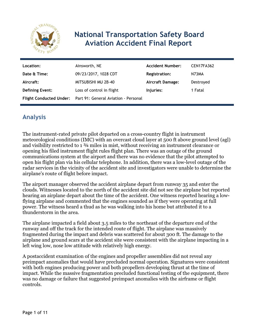 National Transportation Safety Board Aviation Accident Final Report