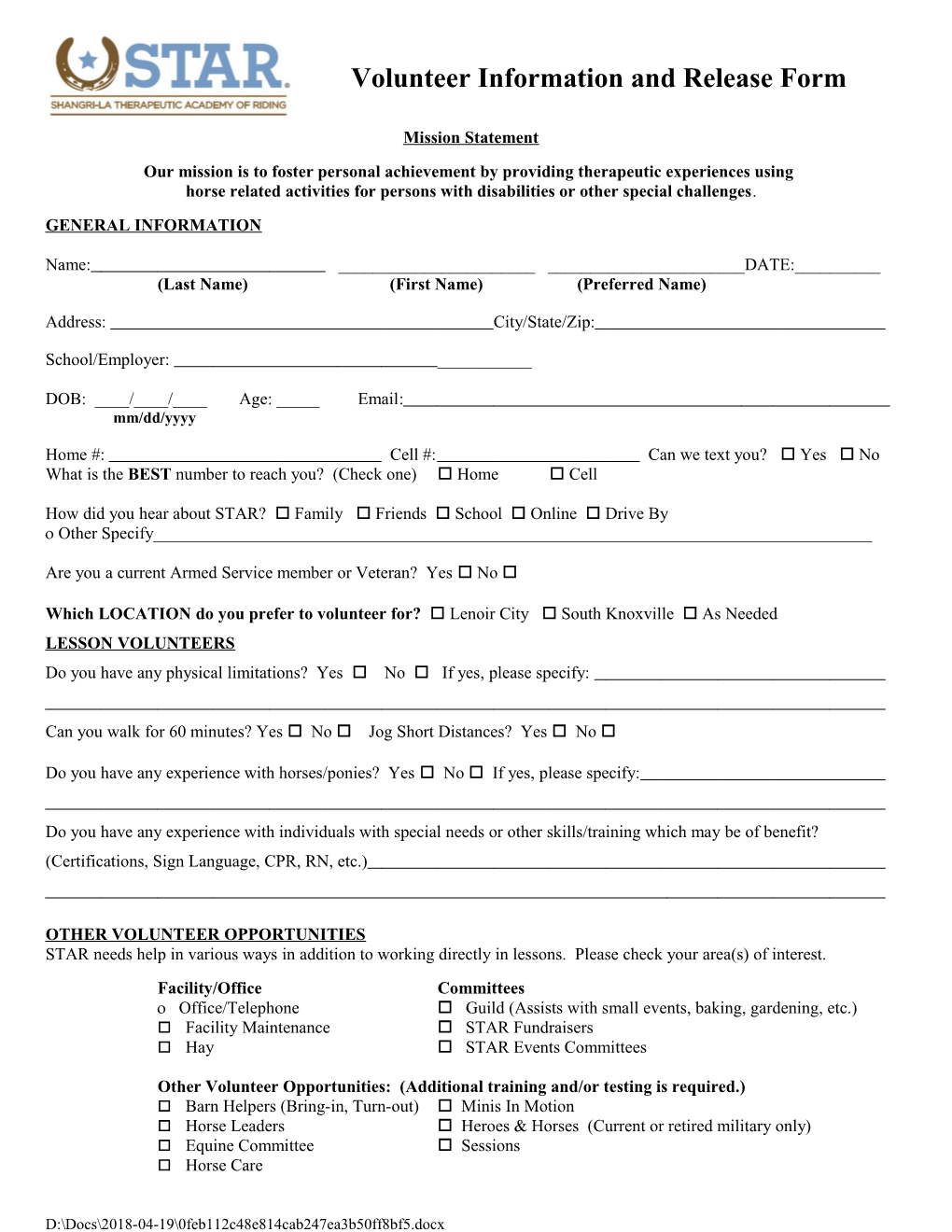 Volunteer Information and Release Form