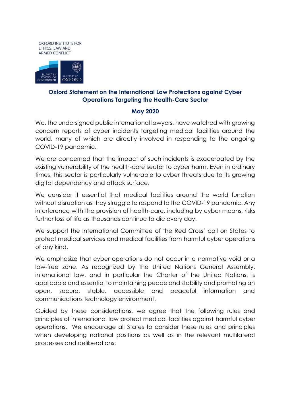 Oxford Statement on the International Law Protections Against Cyber