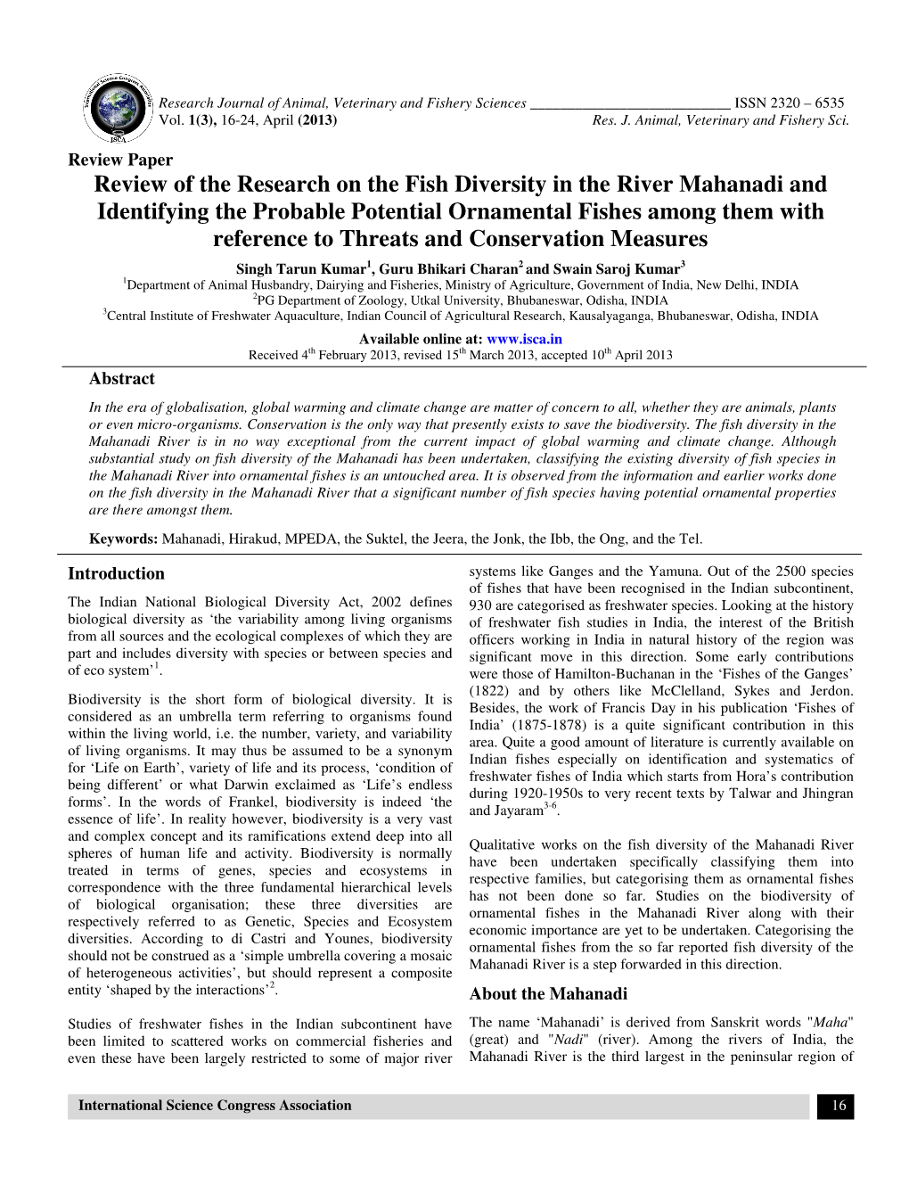 Review of the Research on the Fish Diversity in the River Mahanadi And