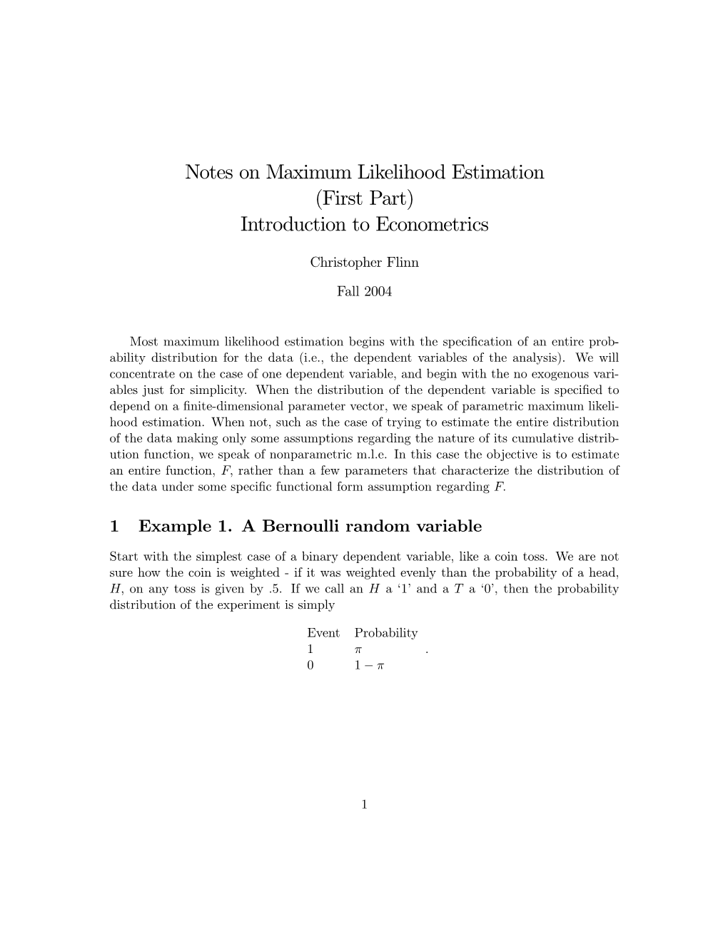 Notes on Maximum Likelihood Estimation (First Part) Introduction to Econometrics