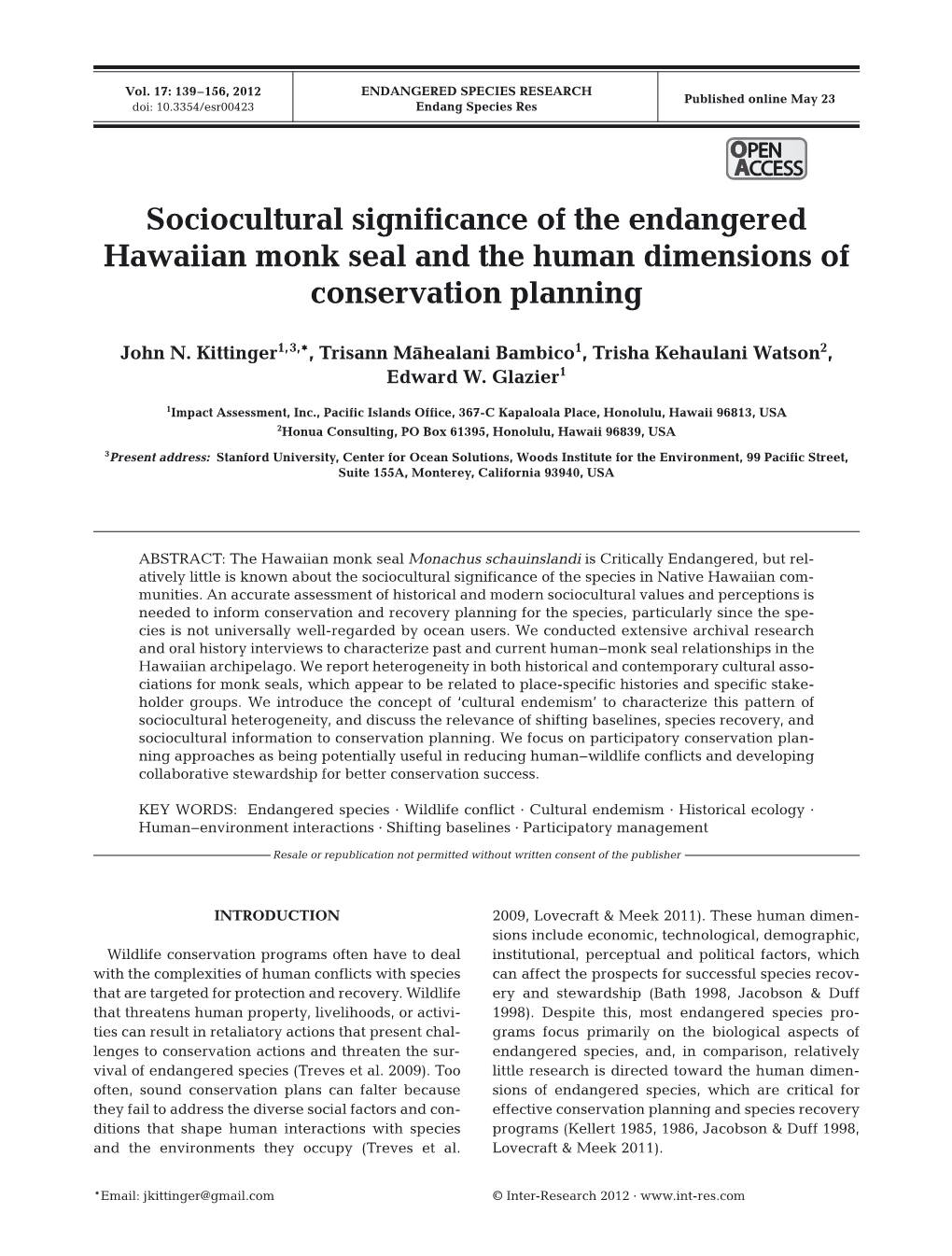 Sociocultural Significance of the Endangered Hawaiian Monk Seal and the Human Dimensions of Conservation Planning