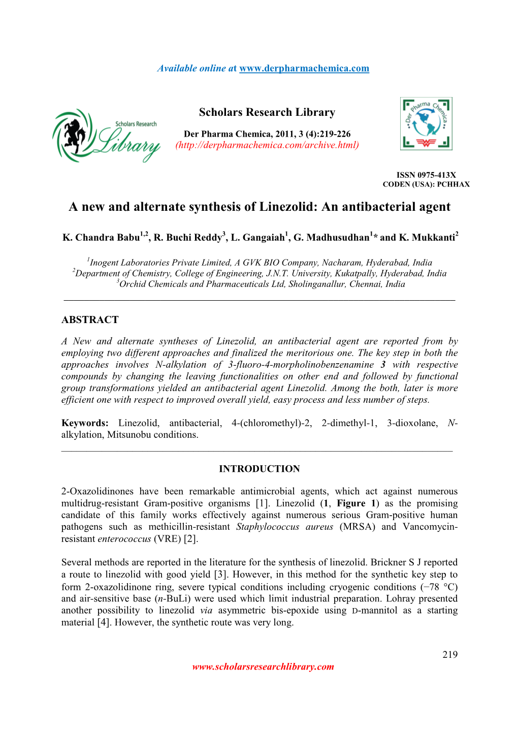 A New and Alternate Synthesis of Linezolid: an Antibacterial Agent