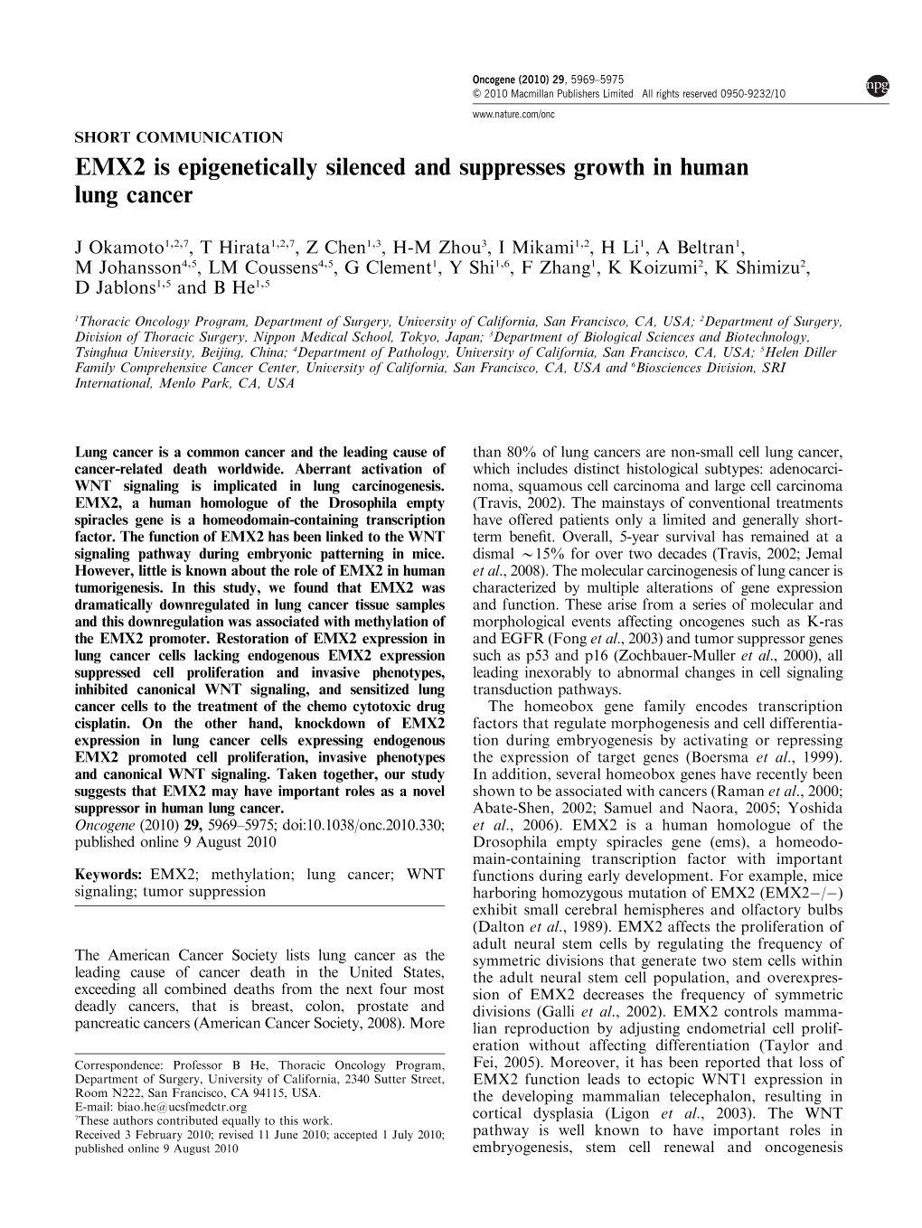 EMX2 Is Epigenetically Silenced and Suppresses Growth in Human Lung Cancer