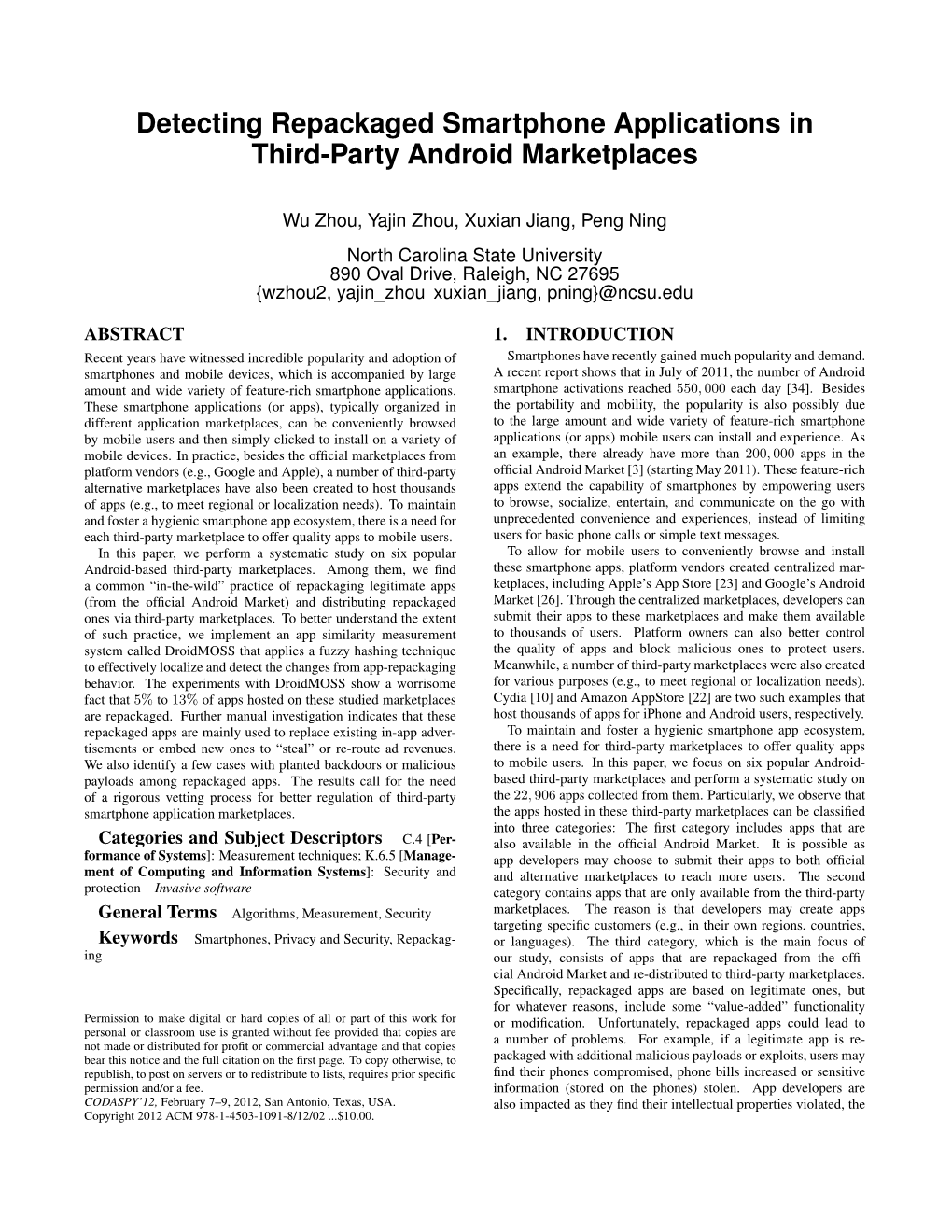 Detecting Repackaged Smartphone Applications in Third-Party Android Marketplaces