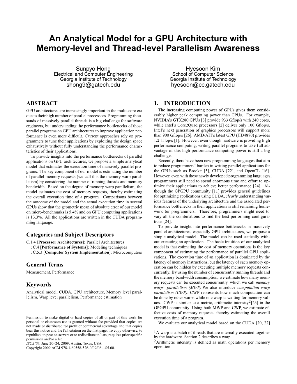 An Analytical Model for a GPU Architecture with Memory-Level and Thread-Level Parallelism Awareness