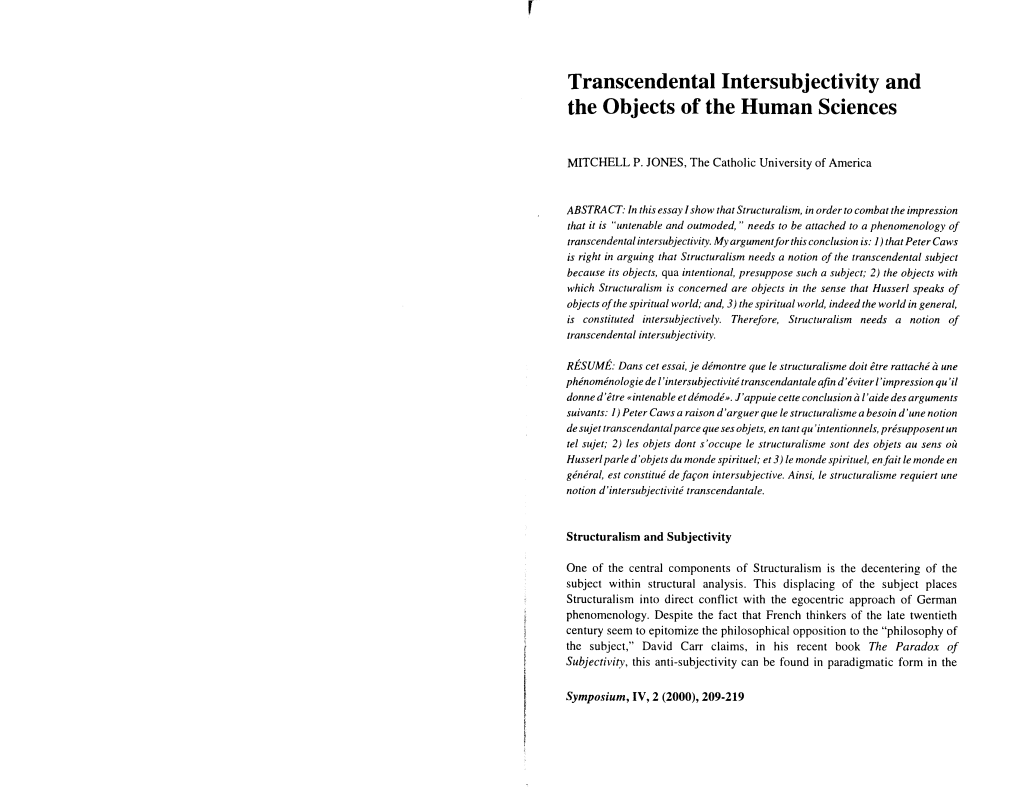 Transcendental Intersubjectivity and the Objects of the Human Sciences