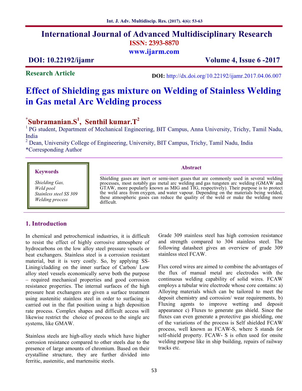 Effect of Shielding Gas Mixture on Welding of Stainless Welding in Gas Metal Arc Welding Process