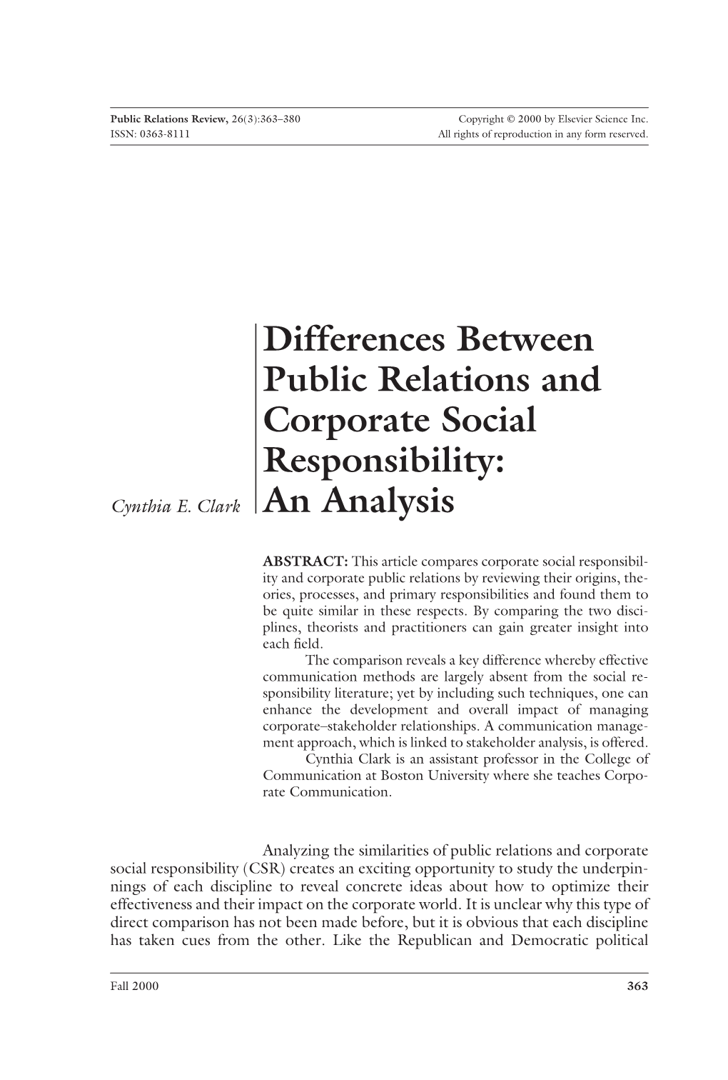 Differences Between Public Relations and Corporate Social Responsibility: Cynthia E