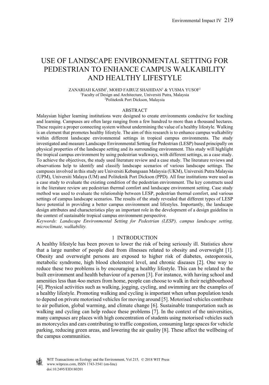 Use of Landscape Environmental Setting for Pedestrian to Enhance Campus Walkability and Healthy Lifestyle