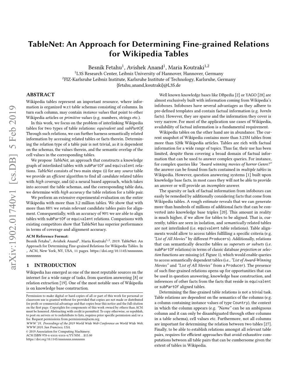 Tablenet: an Approach for Determining Fine-Grained Relations for Wikipedia Tables