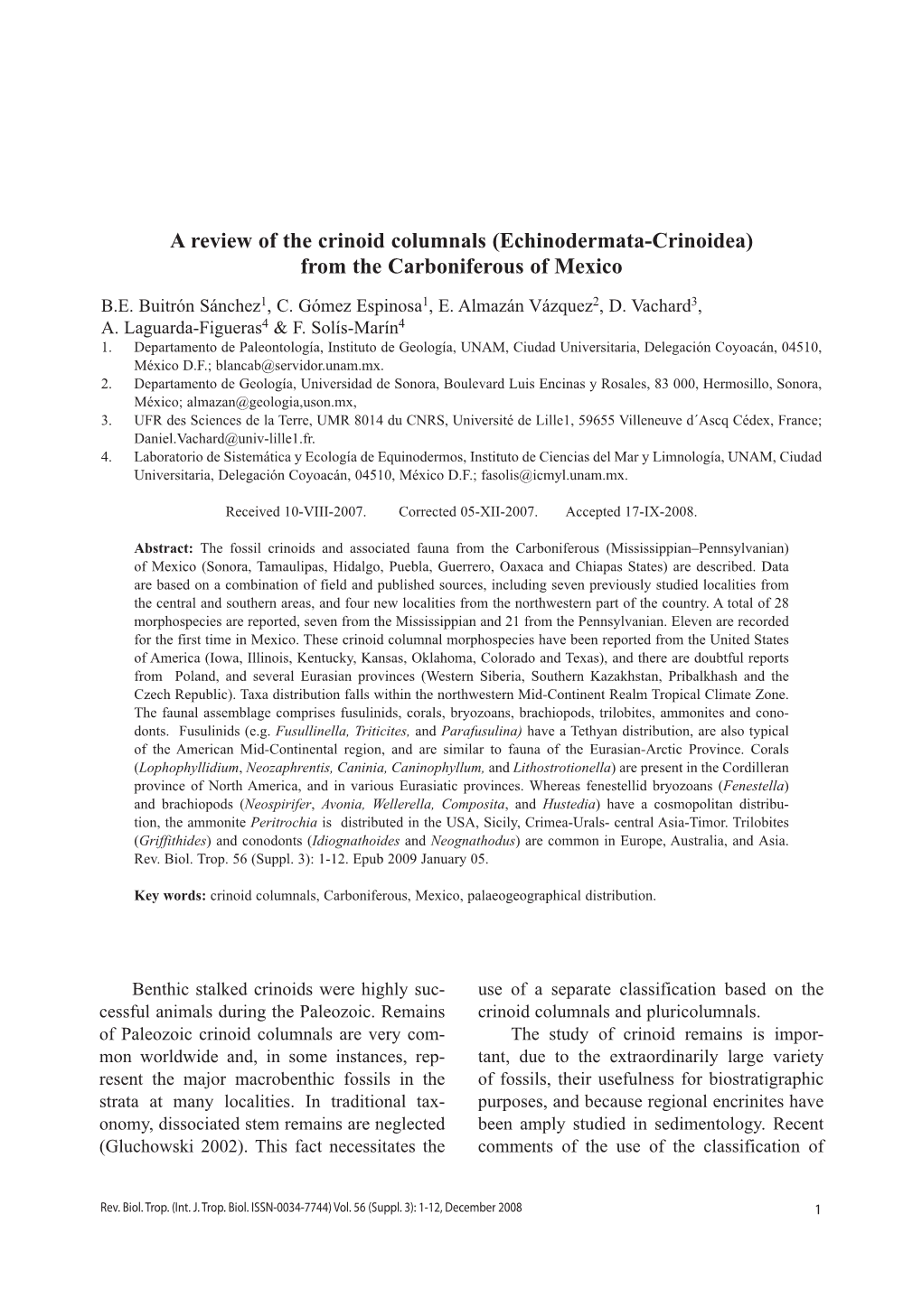 A Review of the Crinoid Columnals (Echinodermata-Crinoidea) from the Carboniferous of Mexico