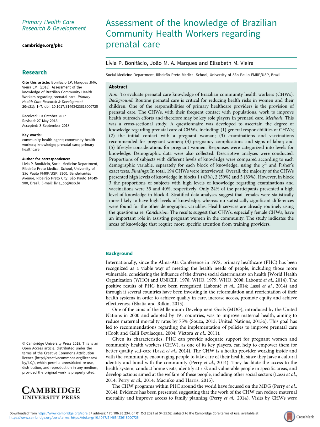 Assessment of the Knowledge of Brazilian Community Health Workers Regarding Cambridge.Org/Phc Prenatal Care