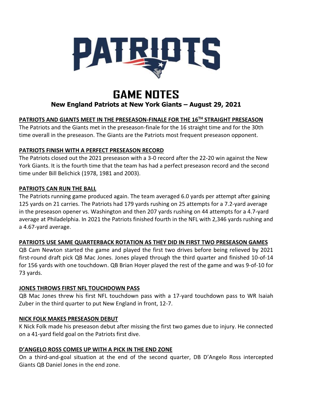 Patriots at Philadelphia Game Notes