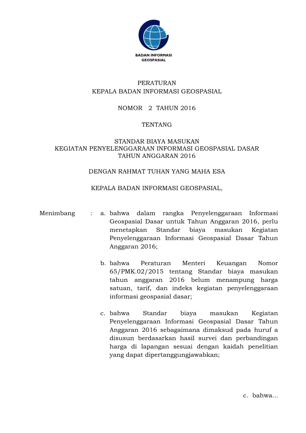 Peraturan Kepala Badan Informasi Geospasial Nomor