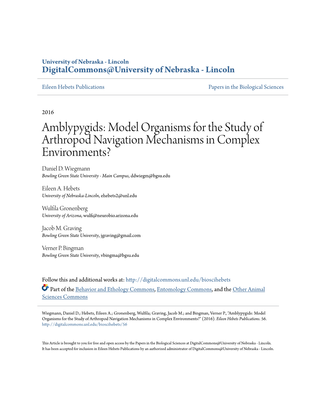 Amblypygids: Model Organisms for the Study of Arthropod Navigation Mechanisms in Complex Environments? Daniel D