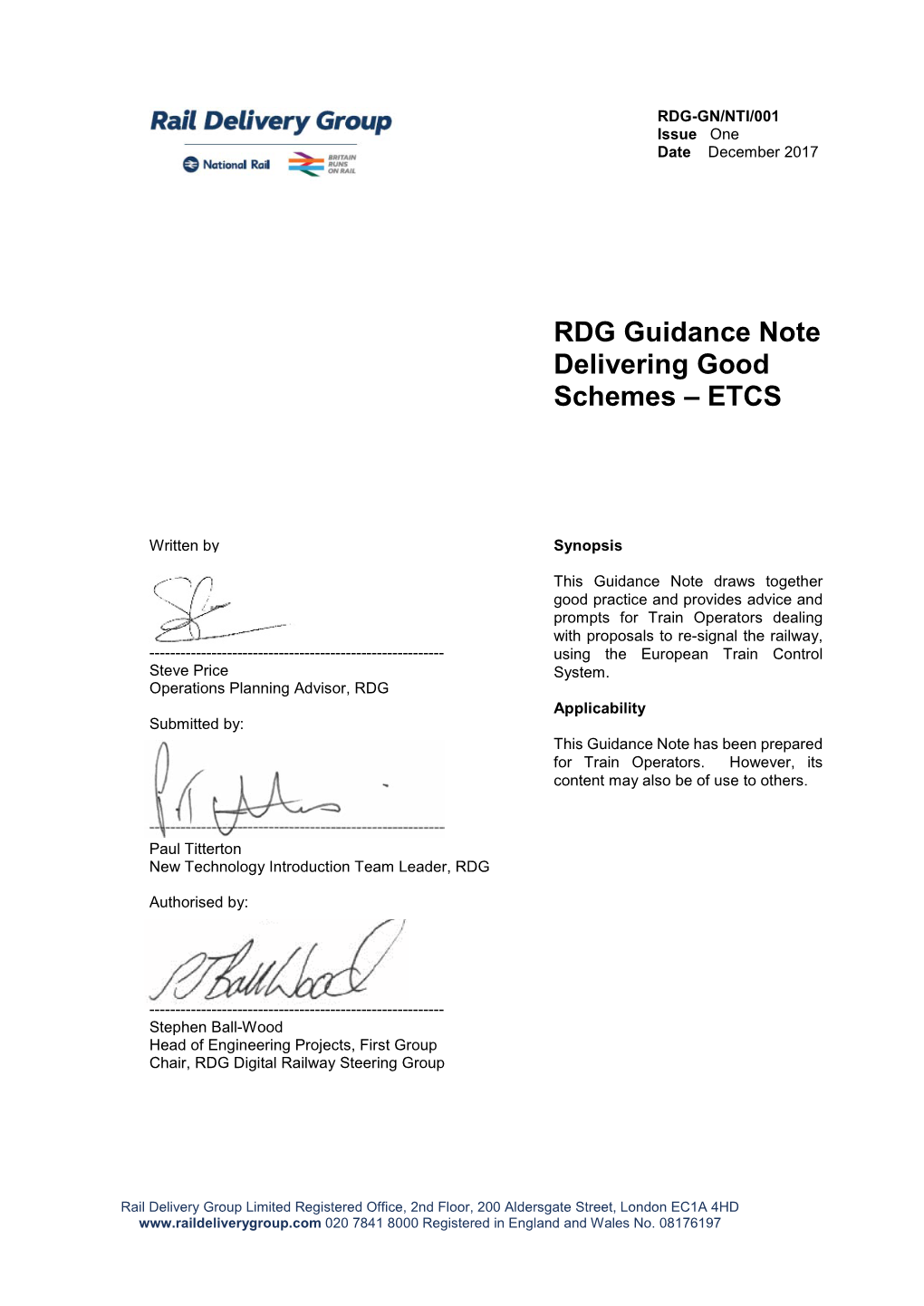 RDG Guidance Note Delivering Good Schemes – ETCS