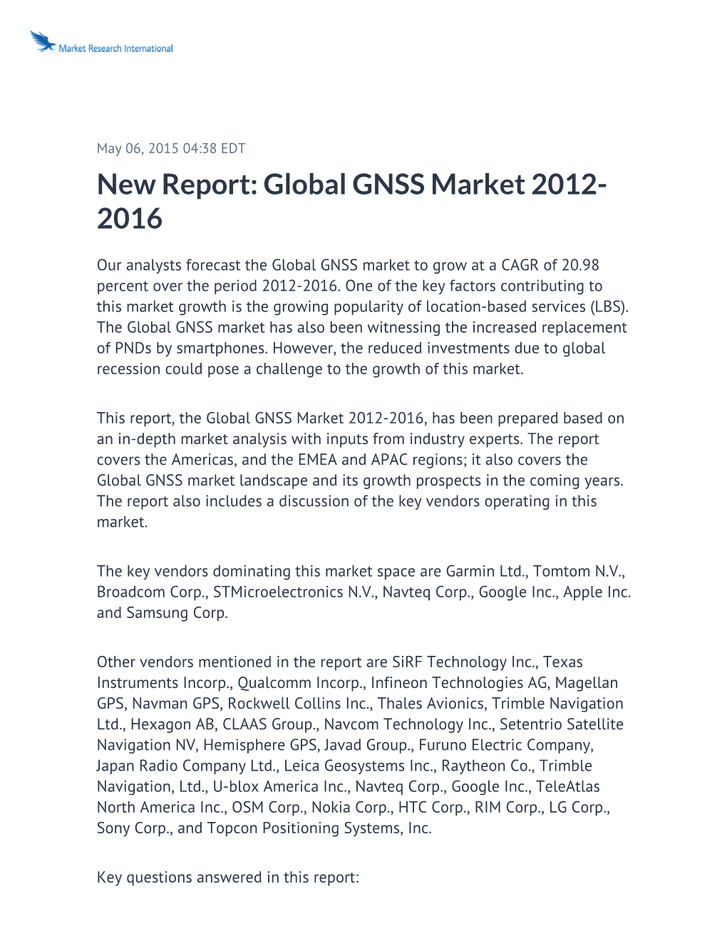 New Report: Global GNSS Market 2012-2016