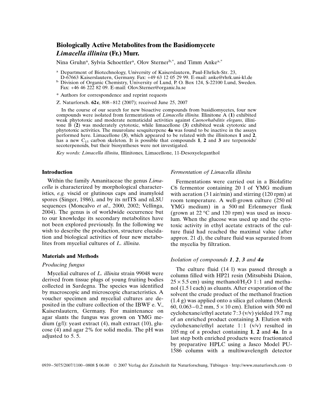 Biologically Active Metabolites from the Basidiomycete Limacella Illinita (Fr.) Murr