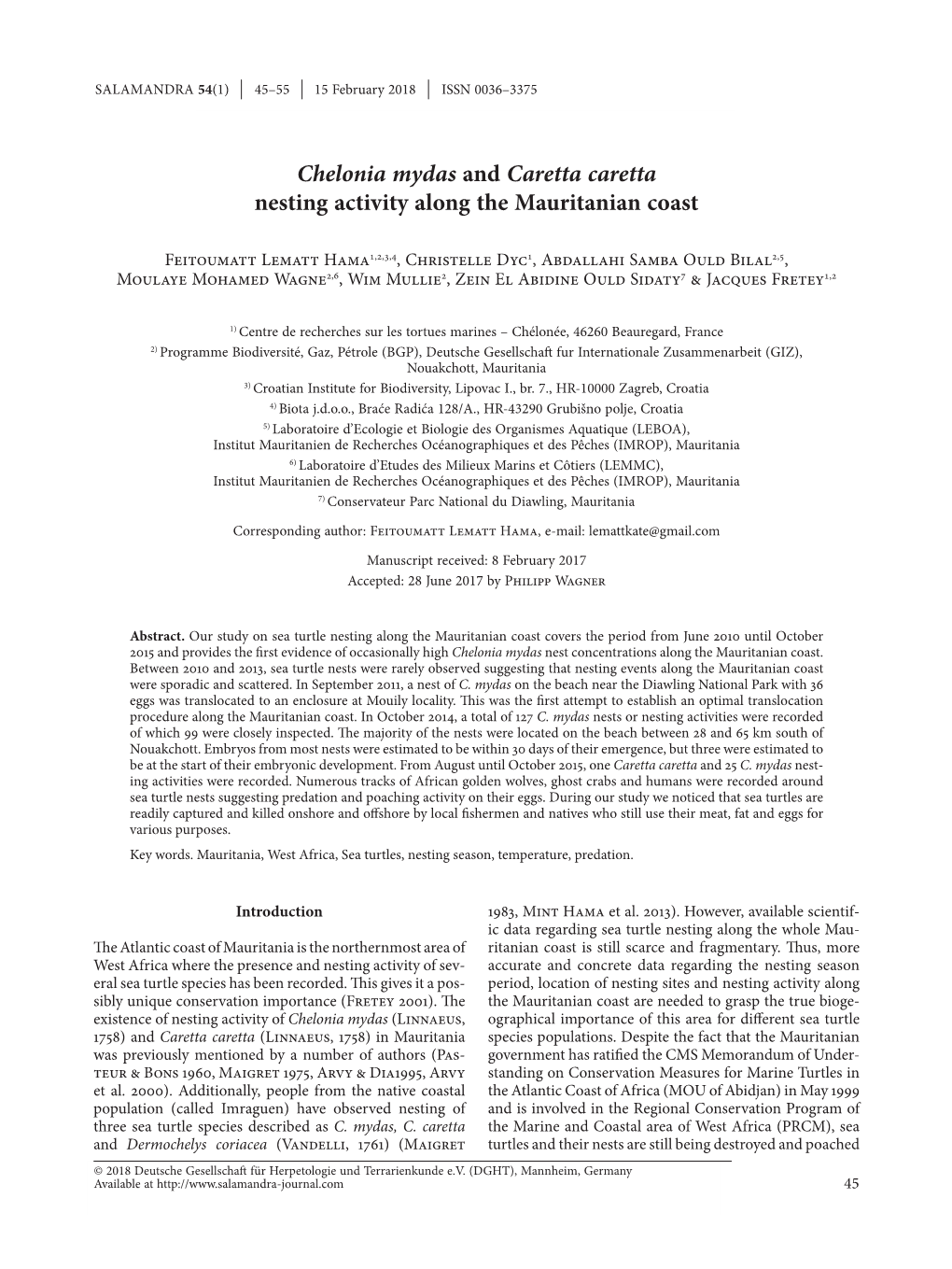 Chelonia Mydas and Caretta Caretta Nesting Activity Along the Mauritanian Coast