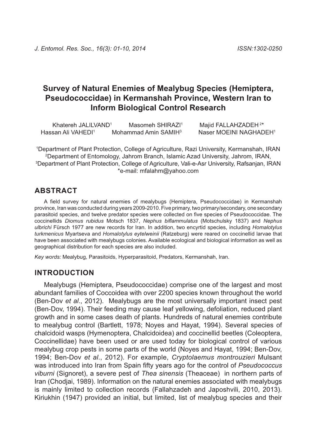 Survey of Natural Enemies of Mealybug Species (Hemiptera, Pseudococcidae) in Kermanshah Province, Western Iran to Inform Biological Control Research