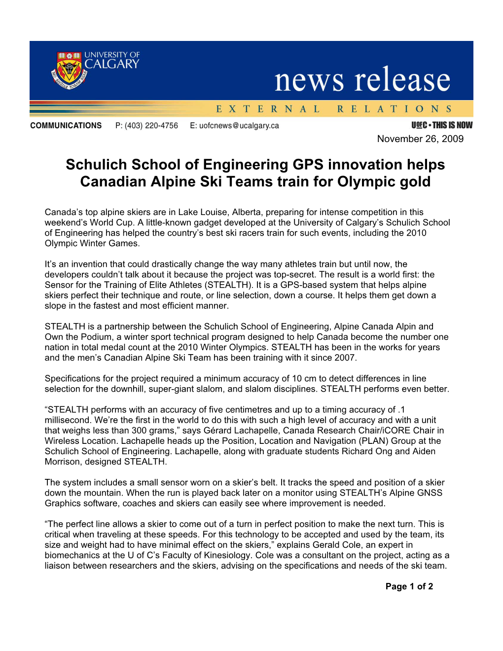 Schulich School of Engineering GPS Innovation Helps Canadian Alpine Ski Teams Train for Olympic Gold