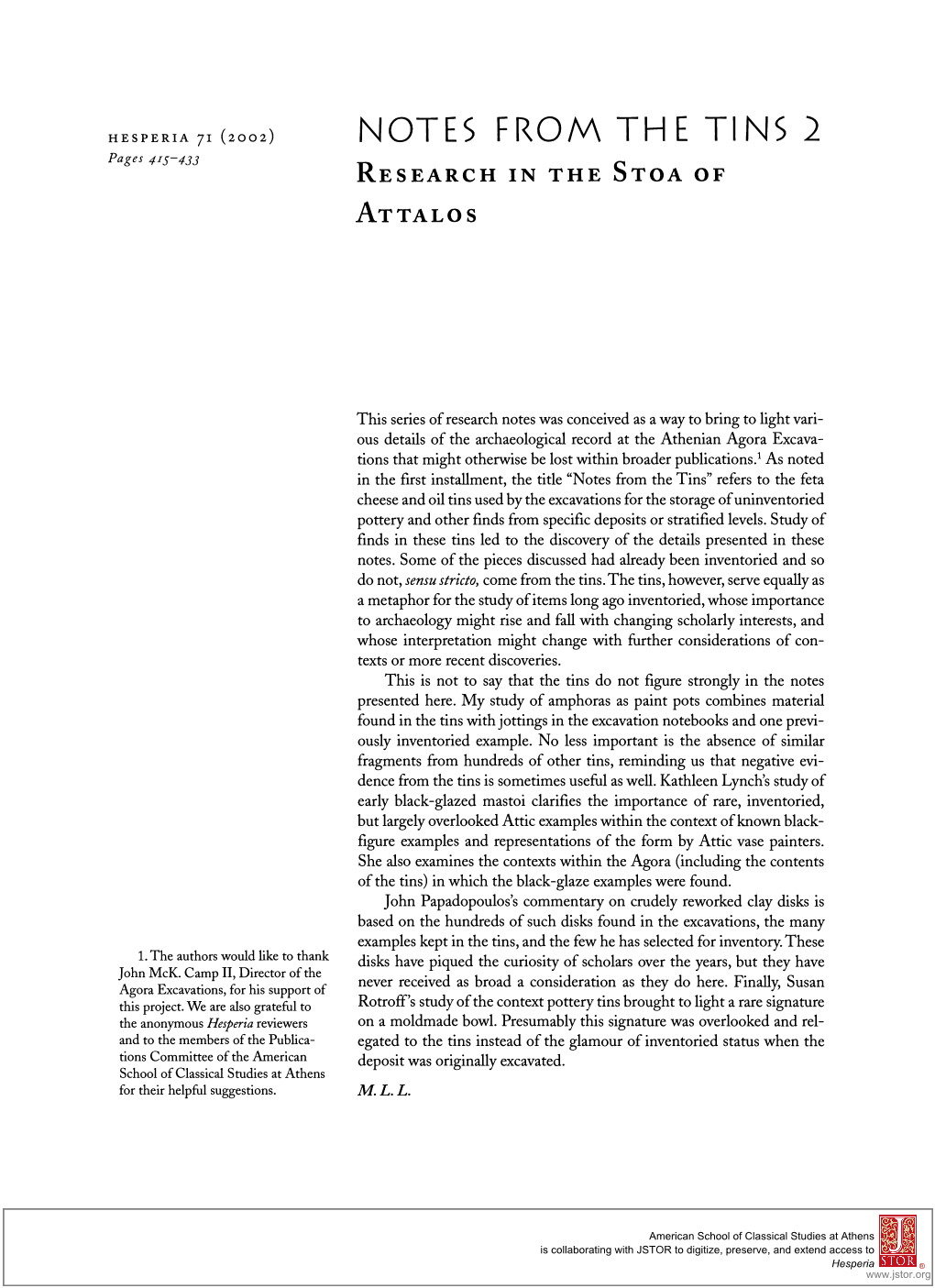 NOTES Frot/\ TH E Tl NS 2 Pages 4I5-433 RESEARCH in the STOAOF ATTALOS