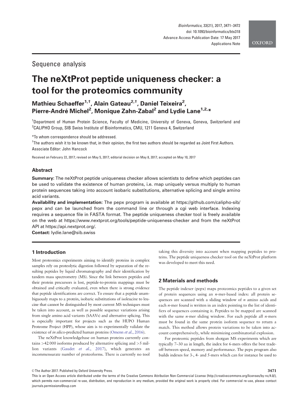 The Nextprot Peptide Uniqueness Checker: a Tool for the Proteomics Community