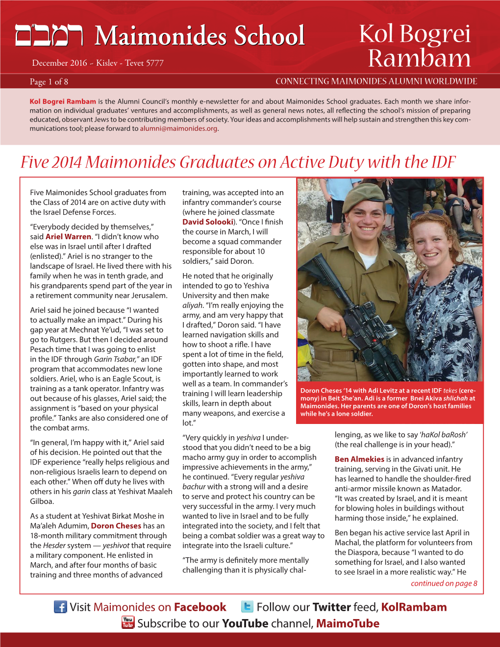 Kol Bogrei Rambam Is the Alumni Council’S Monthly E-Newsletter for and About Maimonides School Graduates