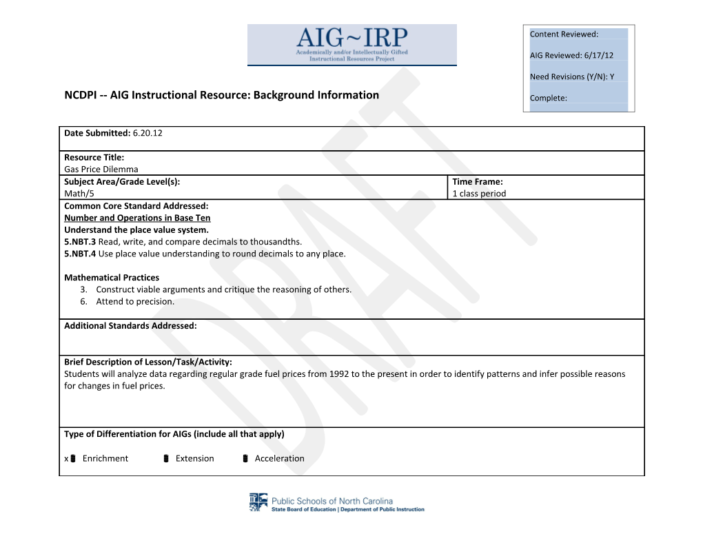 NCDPI AIG Instructional Resource: Background Information s1