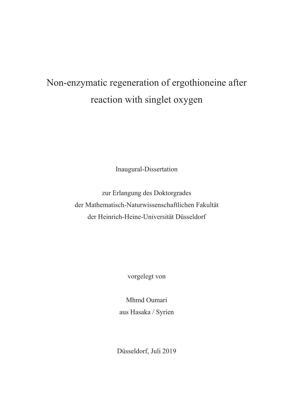 Non-Enzymatic Regeneration of Ergothioneine After Reaction with Singlet Oxygen