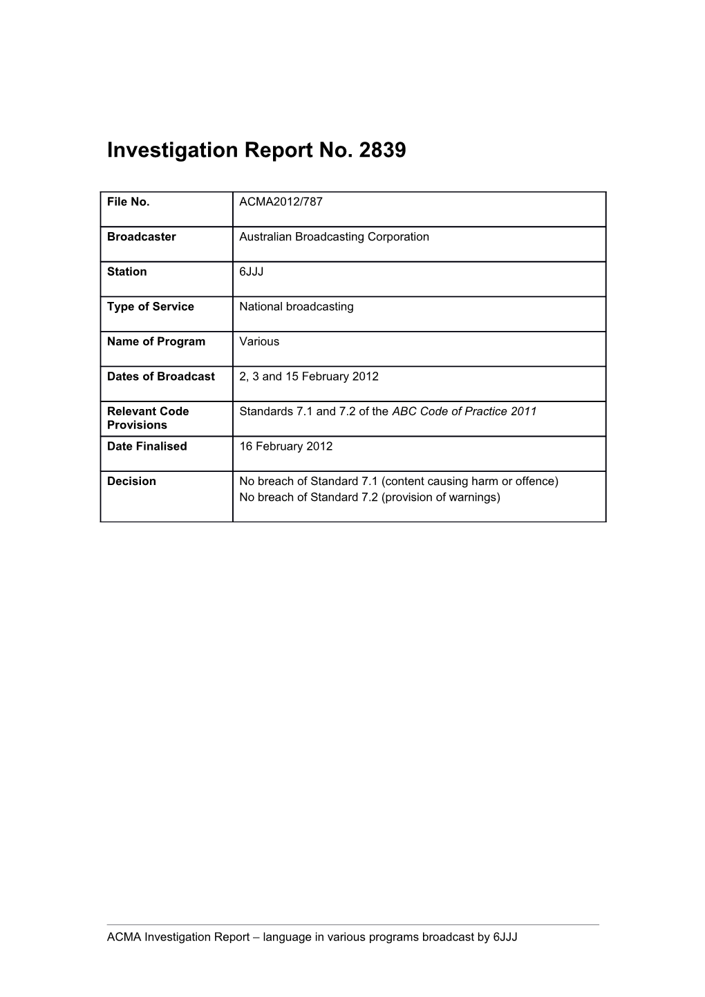 6JJJ - ACMA Investigation Report 2839