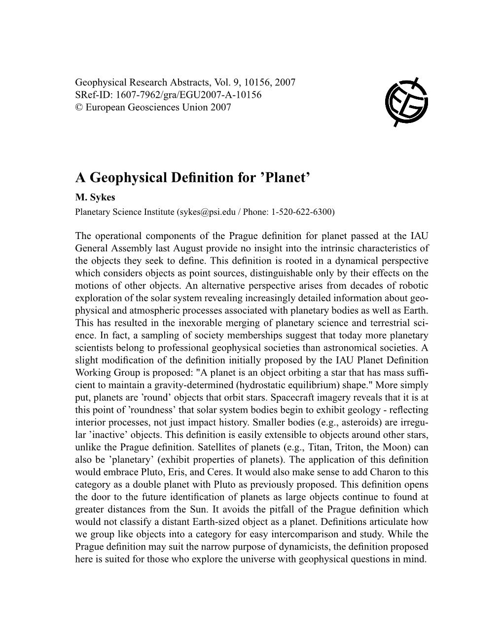 A Geophysical Definition for 'Planet'