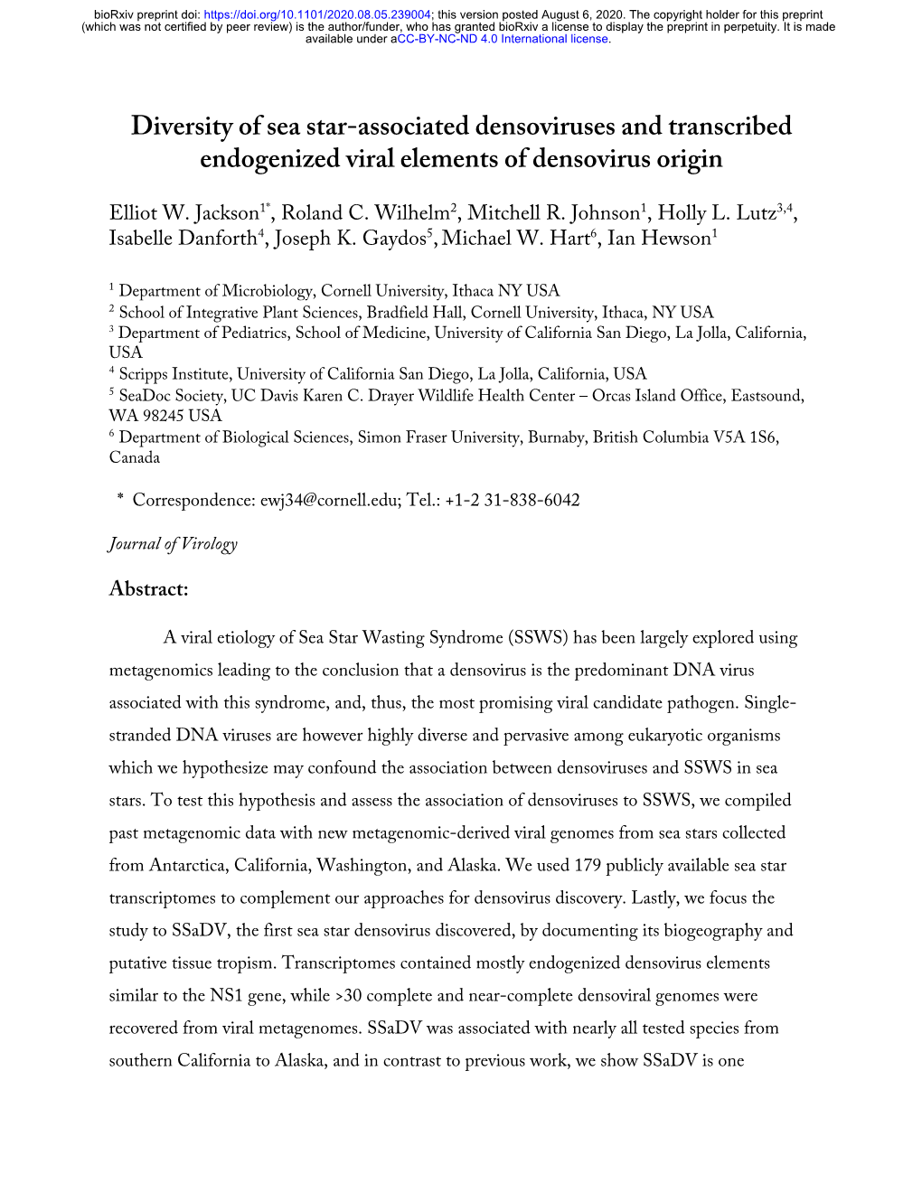 Diversity of Sea Star-Associated Densoviruses and Transcribed Endogenized Viral Elements of Densovirus Origin