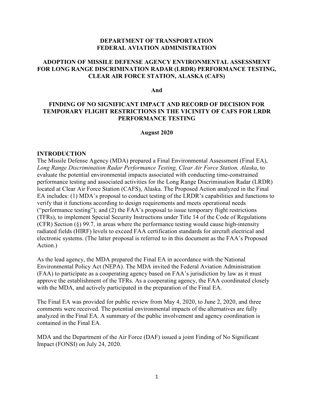 FAA Adoption EA FONSI ROD LRDR Testing Final Signed Aug 10, 2020