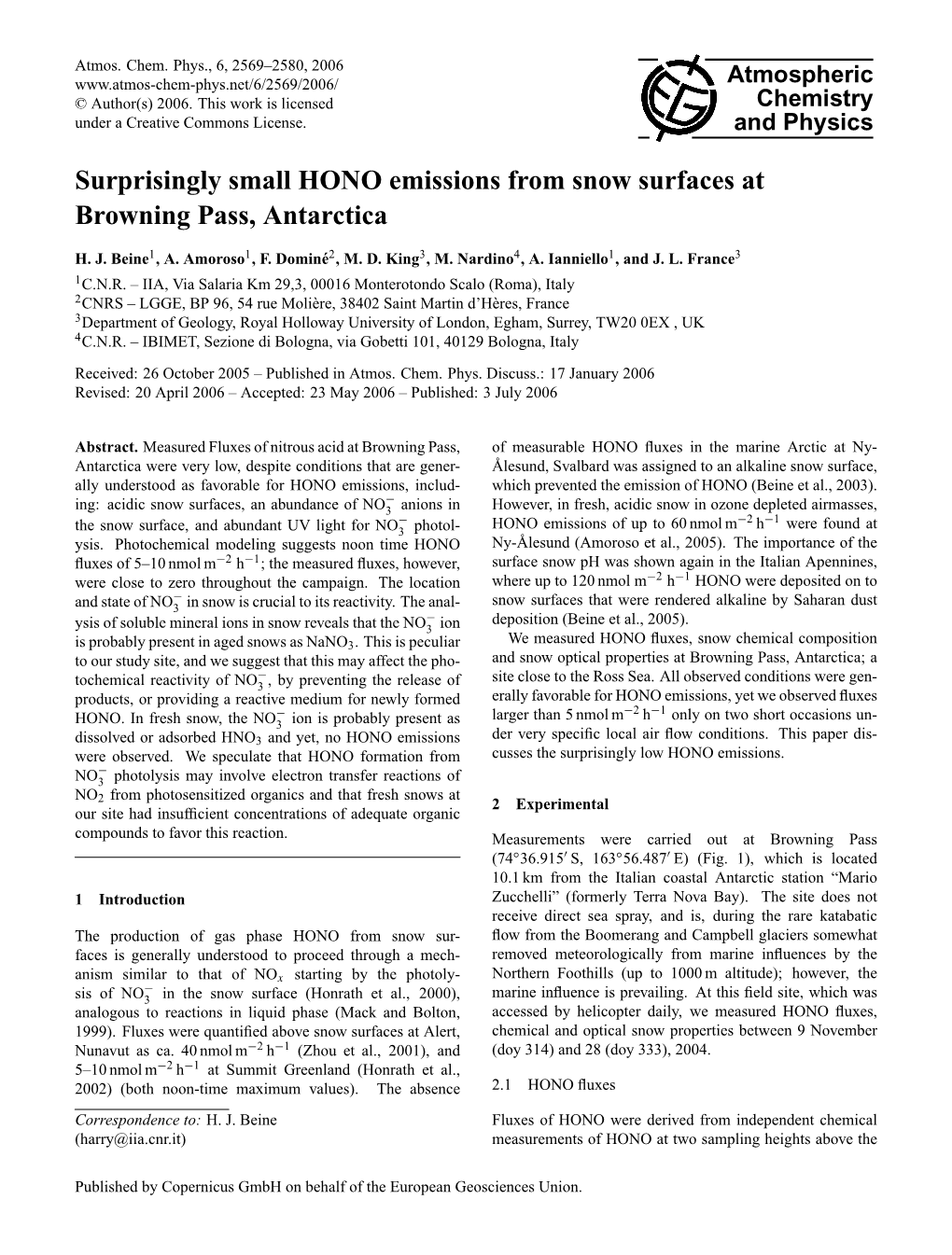 Surprisingly Small HONO Emissions from Snow Surfaces at Browning Pass, Antarctica