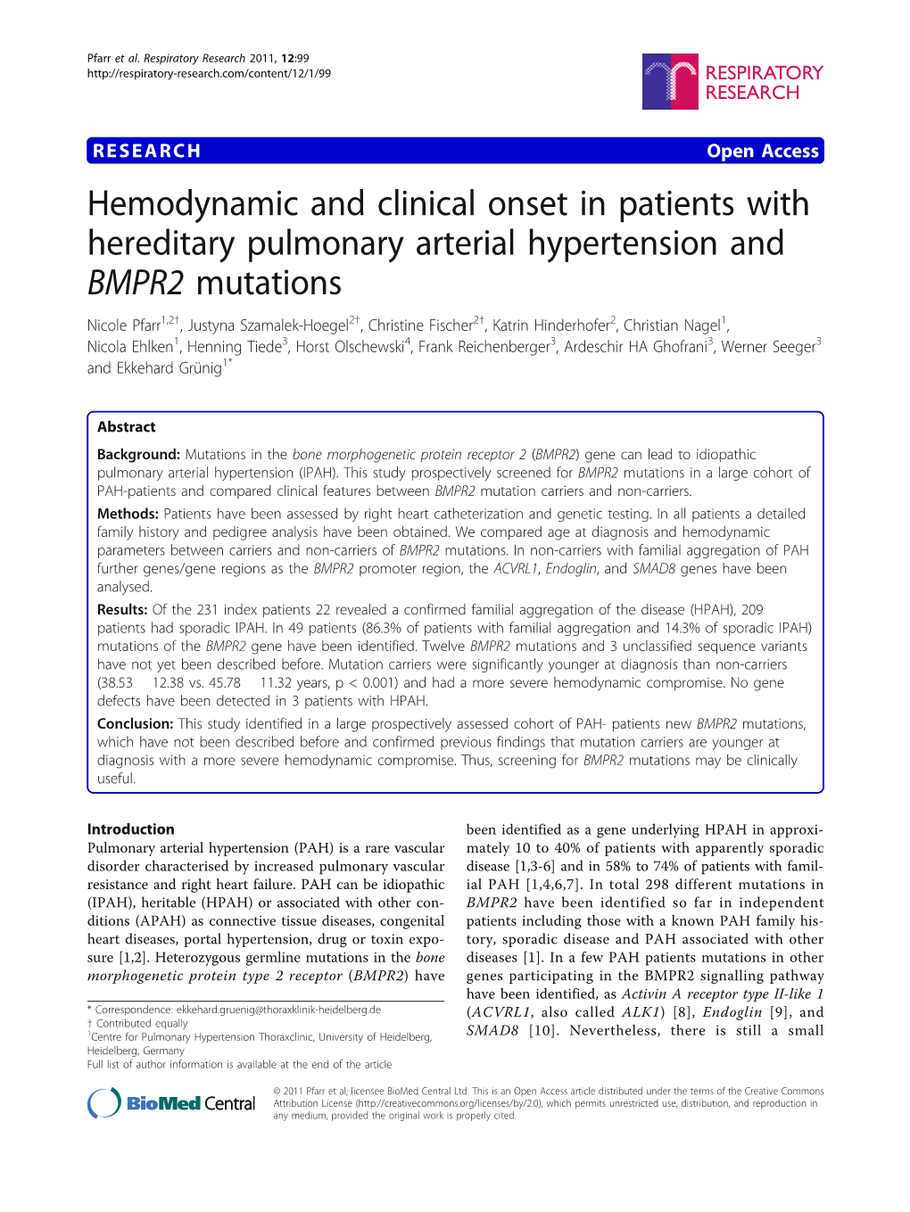 Hemodynamic and Clinical Onset in Patients with Hereditary Pulmonary