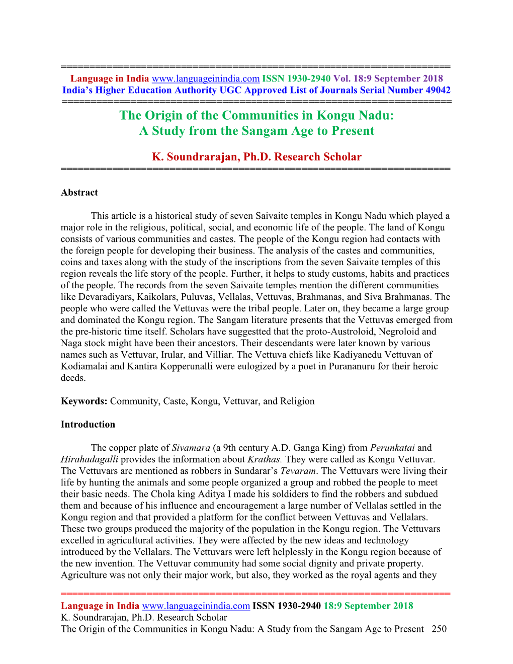 The Origin of the Communities in Kongu Nadu: a Study from the Sangam Age to Present